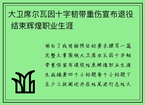 大卫席尔瓦因十字韧带重伤宣布退役 结束辉煌职业生涯 大卫席尔瓦因十字韧带重伤宣布退役 结束辉煌职业生涯